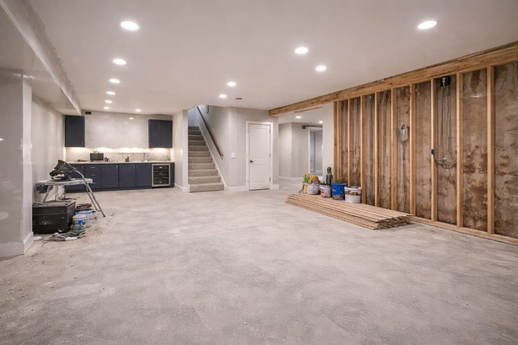 Basement during construction with the wet bar in place and an open framed wall