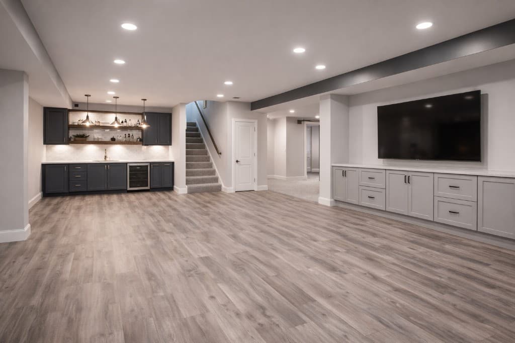 Finished basement with a wet bar and built-in media storage