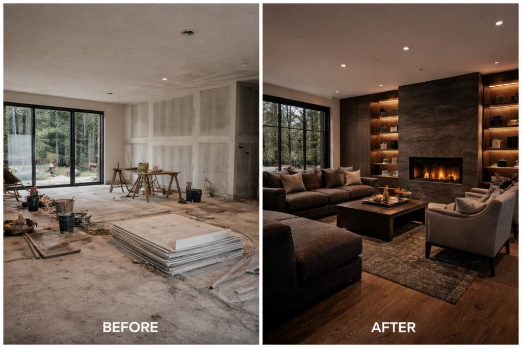 Living space shown before and after renovation