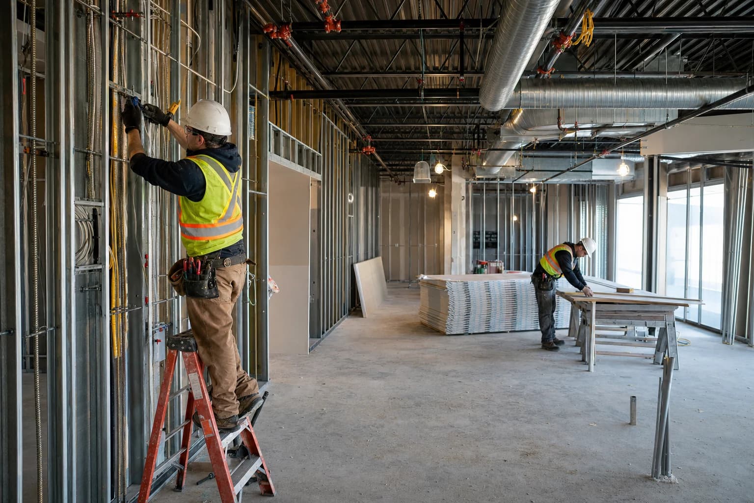 Representative office tenant fit-up with metal framing and exposed building services