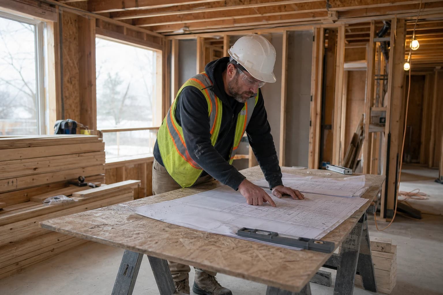 Representative construction manager reviewing permit drawings on site